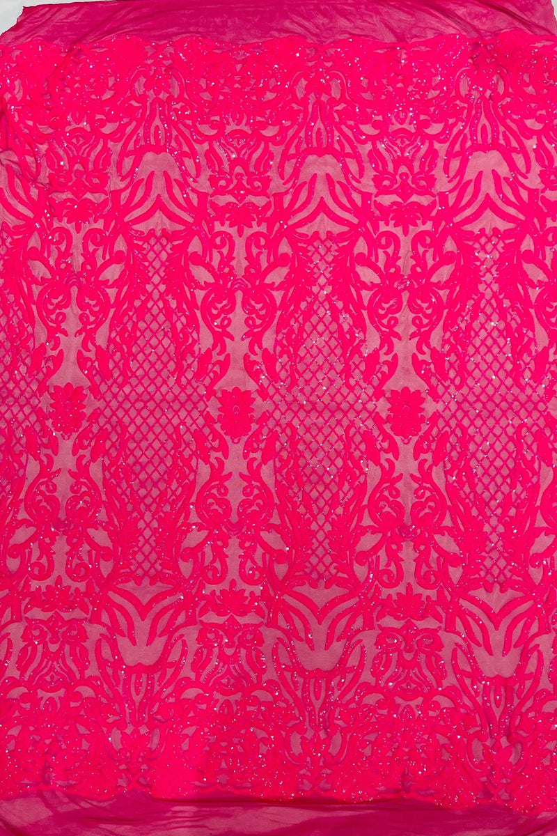 4 Way Stretch Fabric - Hot Pink Iridescent - Sequins Design on Spandex Mesh Fashion Fabric