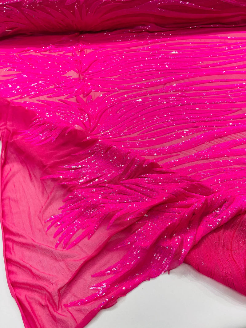 Phoenix Wing Sequins - Hot Pink / Iridescent - 4 Way Stretch Wings Pattern Design Fabric By Yard