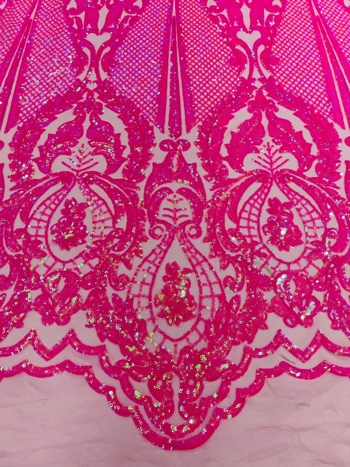 4 Way Stretch Fabric - Hot Pink Iridescent - Embroidered Pattern Design Sequins Fabric on Mesh By Yard