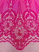 4 Way Stretch Fabric - Hot Pink Iridescent - Embroidered Pattern Design Sequins Fabric on Mesh By Yard