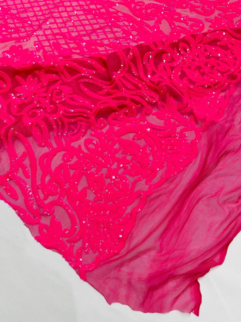 4 Way Stretch Fabric - Hot Pink Iridescent - Sequins Design on Spandex Mesh Fashion Fabric