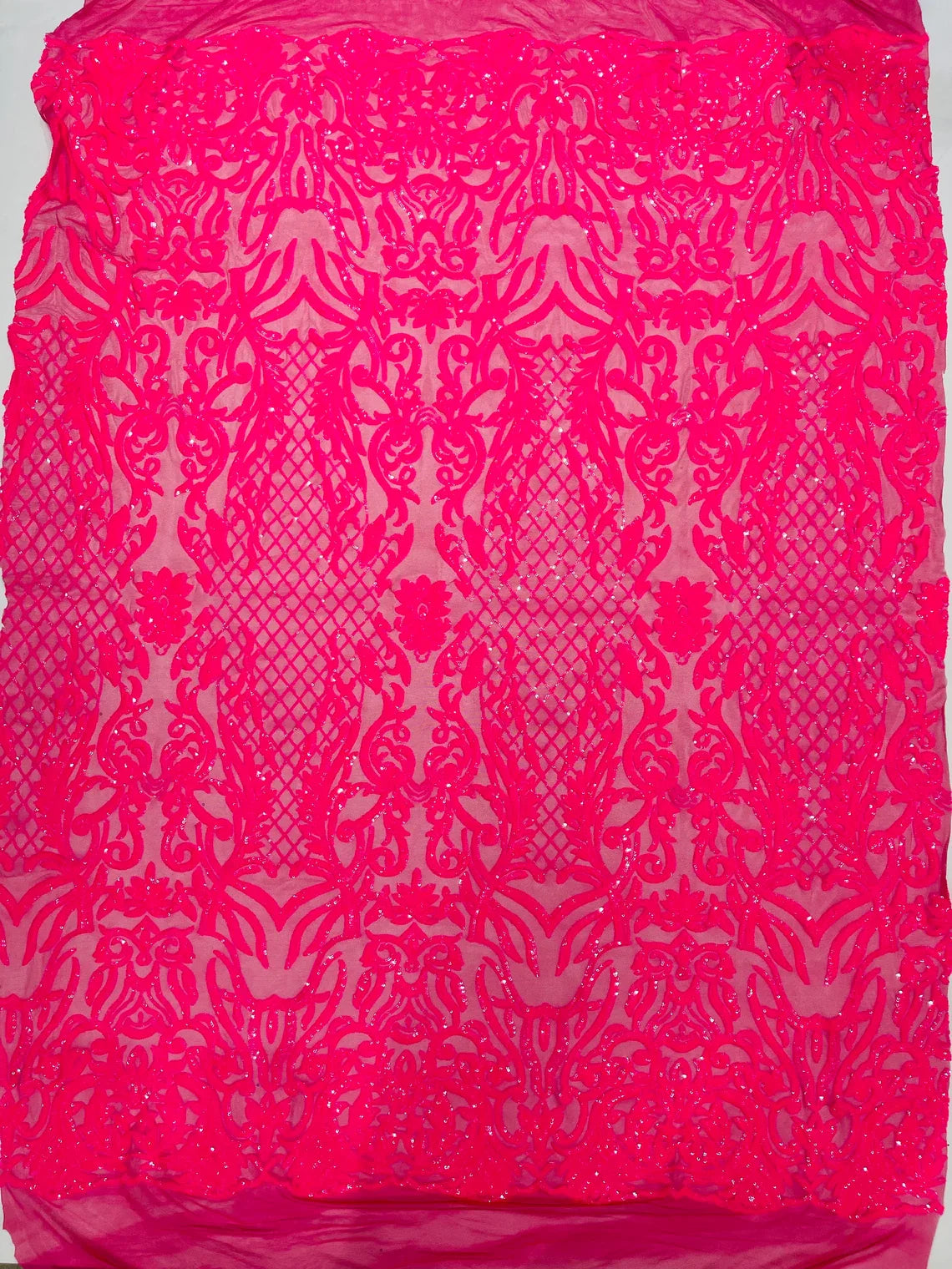 4 Way Stretch Fabric - Hot Pink Iridescent - Sequins Design on Spandex Mesh Fashion Fabric