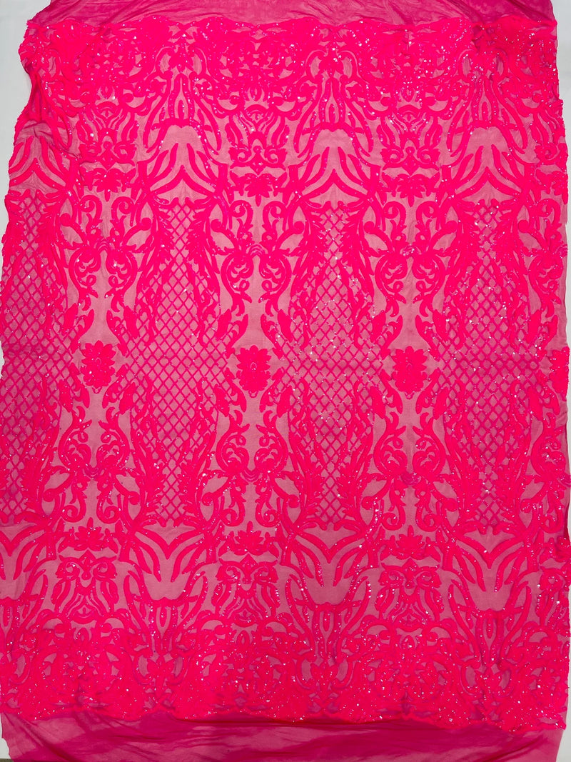 4 Way Stretch Fabric - Hot Pink Iridescent - Sequins Design on Spandex Mesh Fashion Fabric