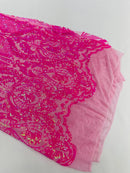 4 Way Stretch Fabric - Hot Pink Iridescent - Embroidered Pattern Design Sequins Fabric on Mesh By Yard
