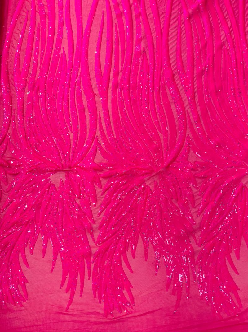 Phoenix Wing Sequins - Hot Pink / Iridescent - 4 Way Stretch Wings Pattern Design Fabric By Yard