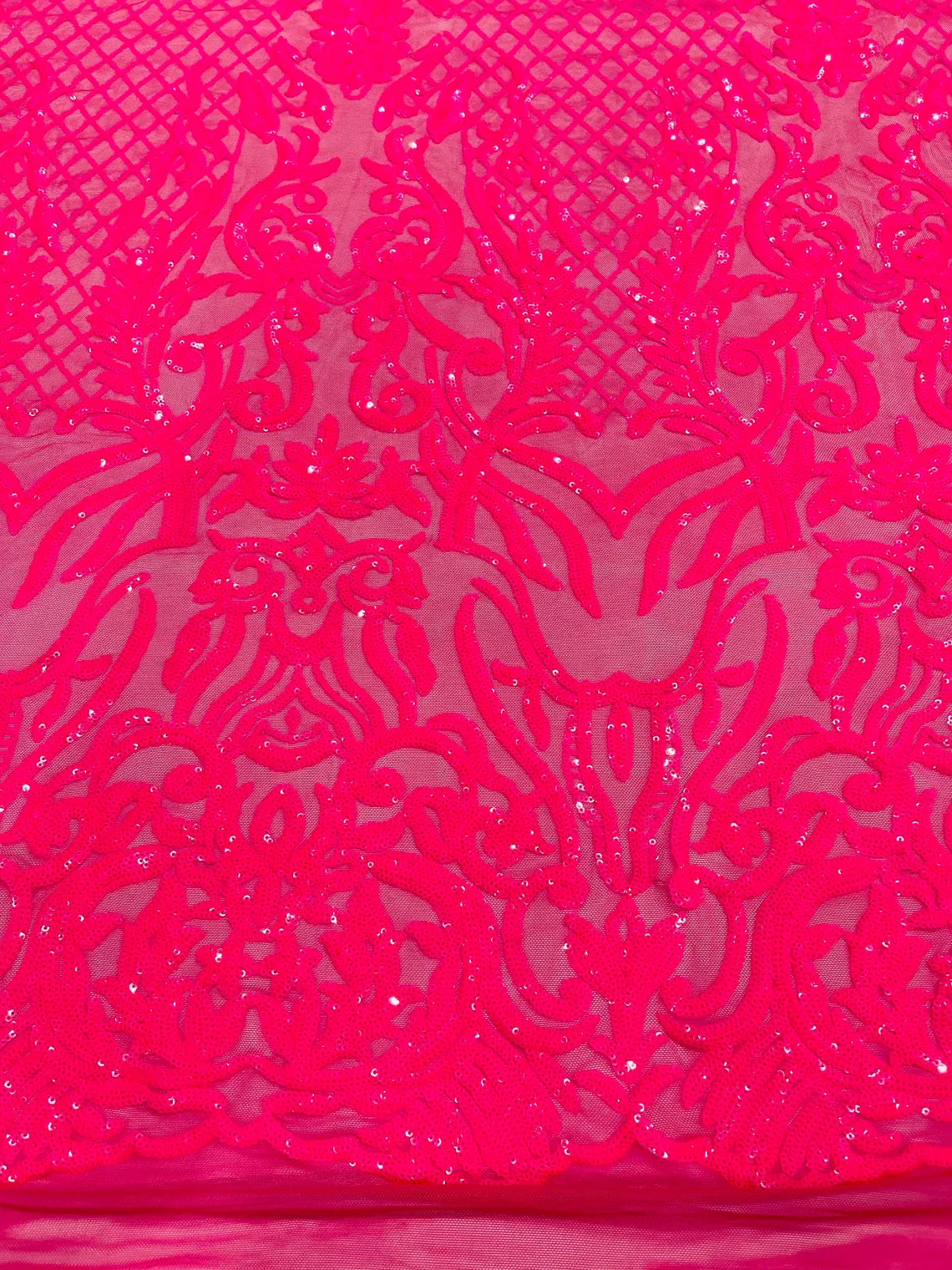 4 Way Stretch Fabric - Hot Pink Iridescent - Sequins Design on Spandex Mesh Fashion Fabric
