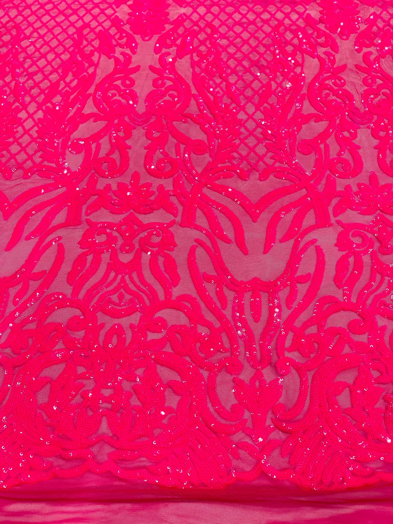 4 Way Stretch Fabric - Hot Pink Iridescent - Sequins Design on Spandex Mesh Fashion Fabric