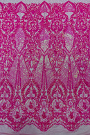 4 Way Stretch Fabric - Hot Pink Iridescent - Embroidered Pattern Design Sequins Fabric on Mesh By Yard
