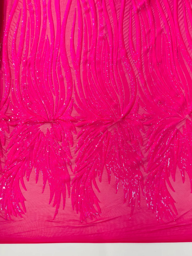 Phoenix Wing Sequins - Hot Pink / Iridescent - 4 Way Stretch Wings Pattern Design Fabric By Yard