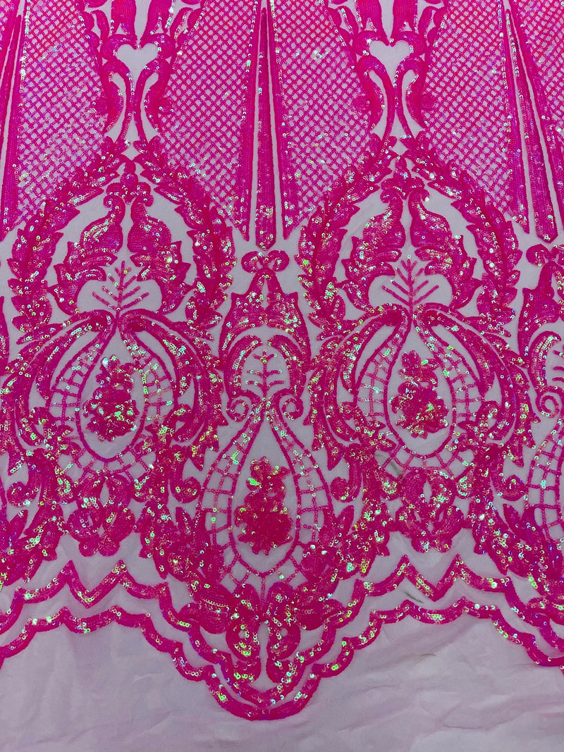4 Way Stretch Fabric - Hot Pink Iridescent - Embroidered Pattern Design Sequins Fabric on Mesh By Yard