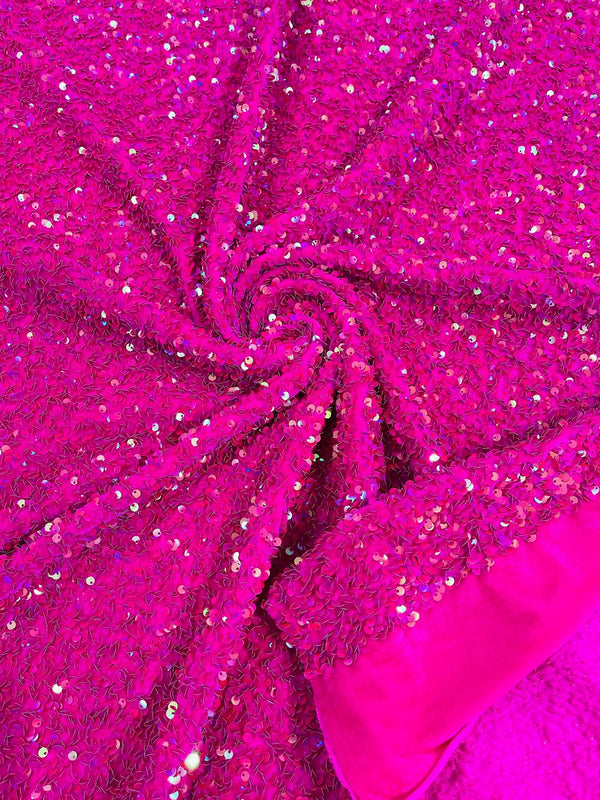 Stretch Velvet Sequins Fabric - Hot Pink Iridescent #2 - Velvet Sequins 2 Way Stretch 58/60” By Yard