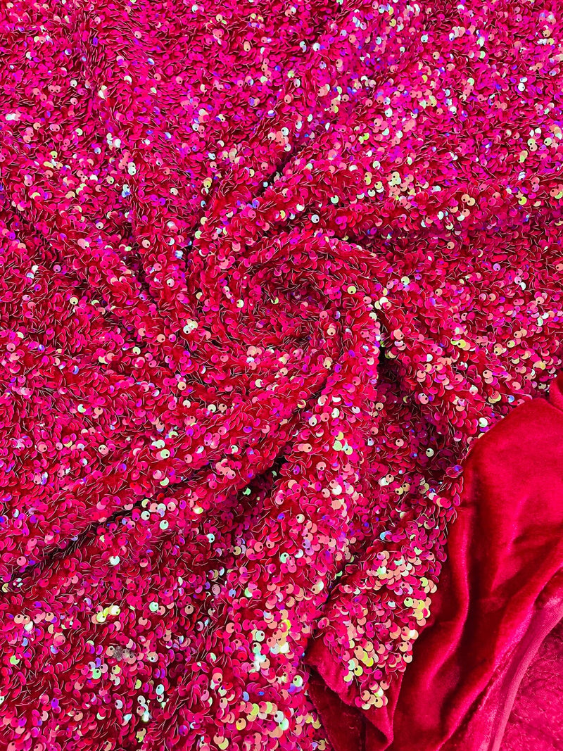 Stretch Velvet Sequins Fabric - Hot Pink Iridescent