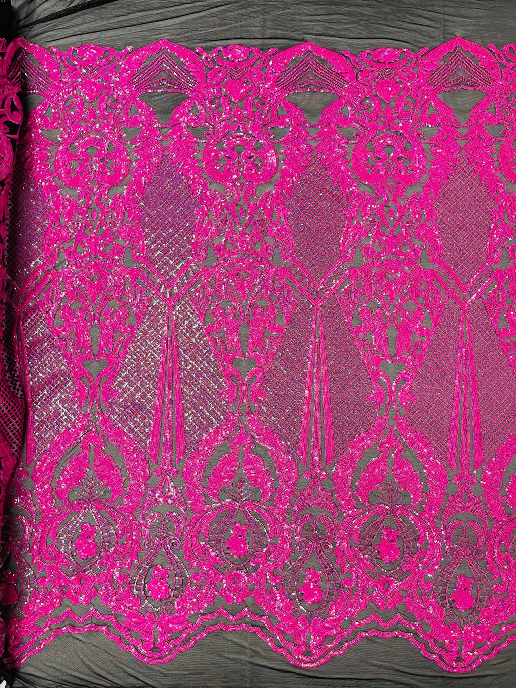 4 Way Stretch Fabric - Hot Pink on Black - Embroidered Pattern Design Sequins Fabric on Mesh By Yard