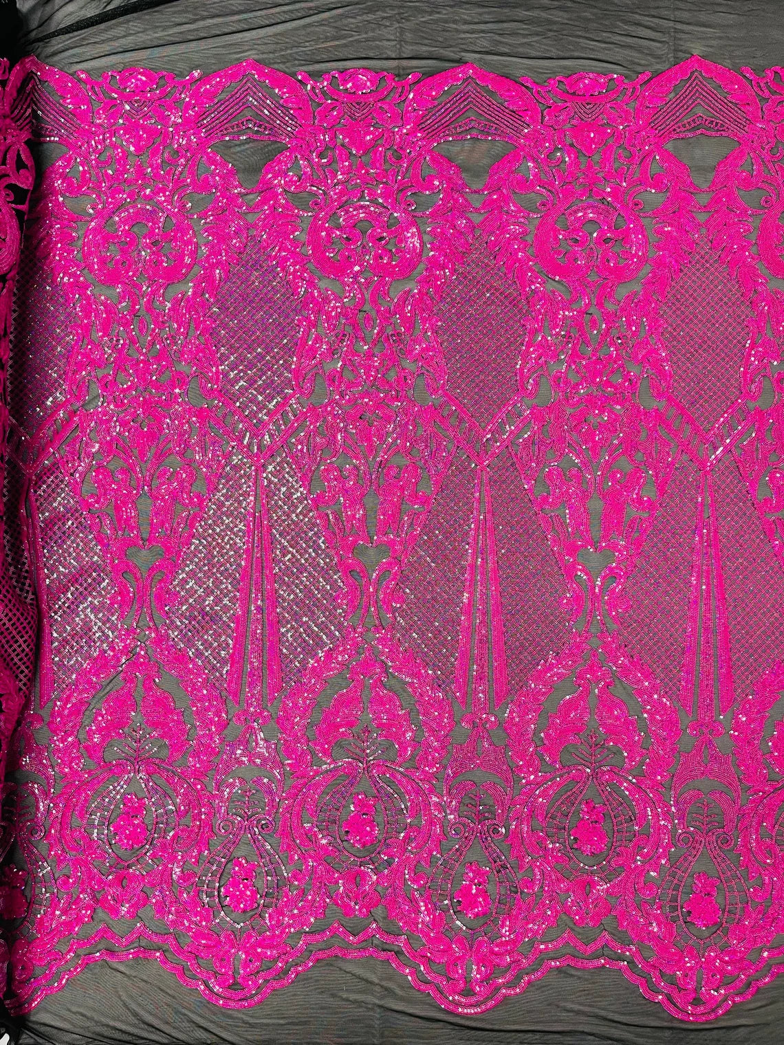 4 Way Stretch Fabric - Hot Pink on Black - Embroidered Pattern Design Sequins Fabric on Mesh By Yard