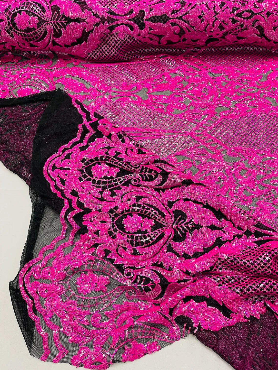 4 Way Stretch Fabric - Hot Pink on Black - Embroidered Pattern Design Sequins Fabric on Mesh By Yard
