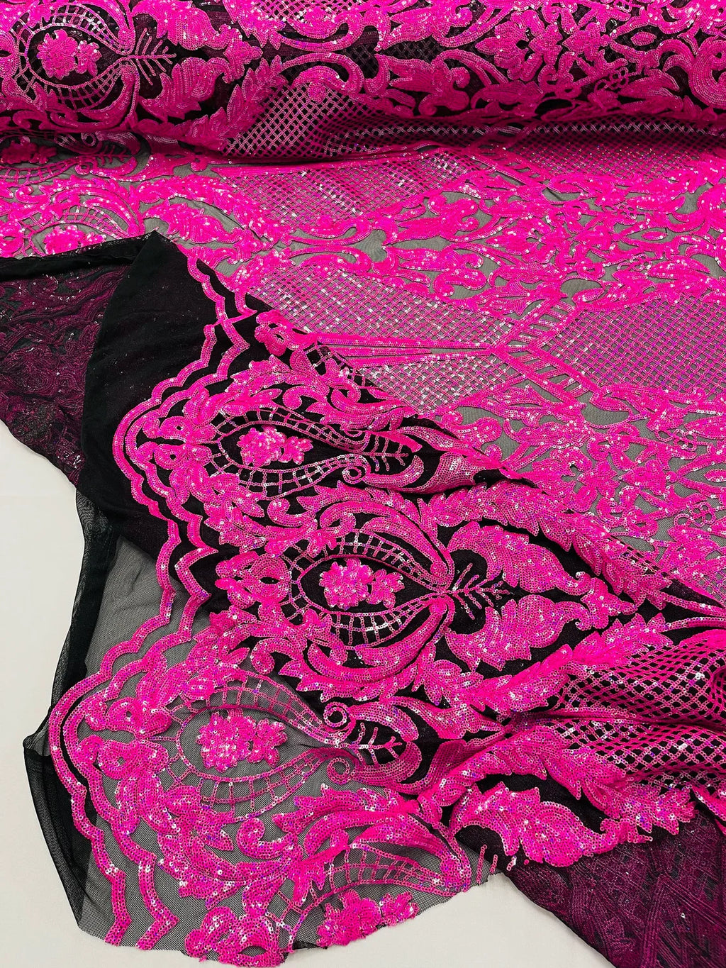 4 Way Stretch Fabric - Hot Pink on Black - Embroidered Pattern Design Sequins Fabric on Mesh By Yard