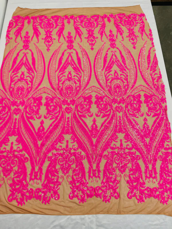 Damask Sequins Fabric - 4 Way Stretch Big Damask Sequins Fabric - Pick Color - 25 Yard Roll