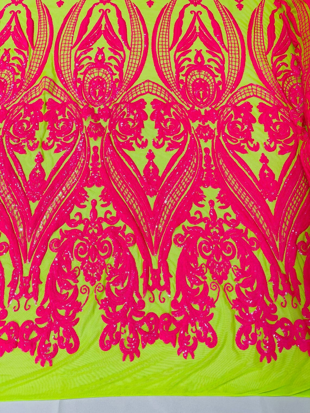 Big Damask Sequins Fabric - Hot Pink on Lime Green - 4 Way Stretch Damask Sequins Design Fabric By Yard