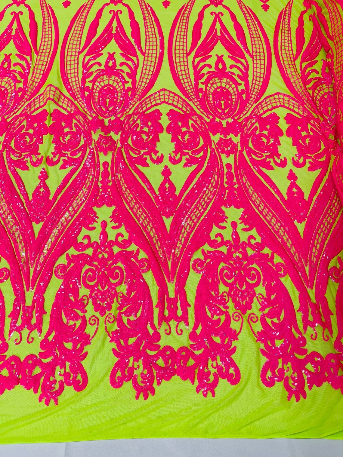 Big Damask Sequins Fabric - Hot Pink on Lime Green - 4 Way Stretch Damask Sequins Design Fabric By Yard