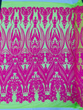 Big Damask Sequins Fabric - Hot Pink on Lime Green - 4 Way Stretch Damask Sequins Design Fabric By Yard