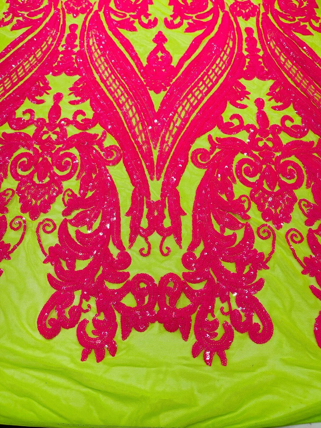 Big Damask Sequins Fabric - Hot Pink on Lime Green - 4 Way Stretch Damask Sequins Design Fabric By Yard