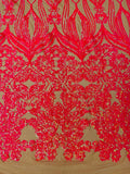 Damask Heart Design - Hot Pink on Nude - Damask with Heart Design Sequins on Mesh By Yard