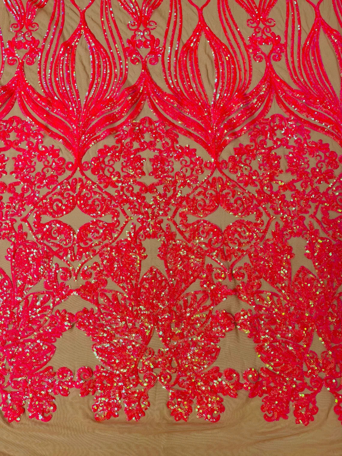 Damask Heart Design - Hot Pink on Nude - Damask with Heart Design Sequins on Mesh By Yard