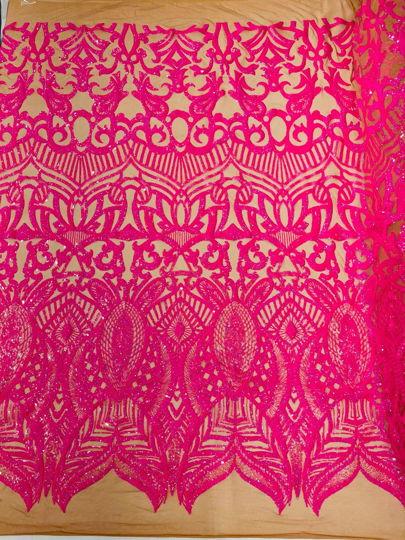 Hot Pink on Nude - 4 Way Stretch Embroidered Royalty Sequins Design Fabric By Yard