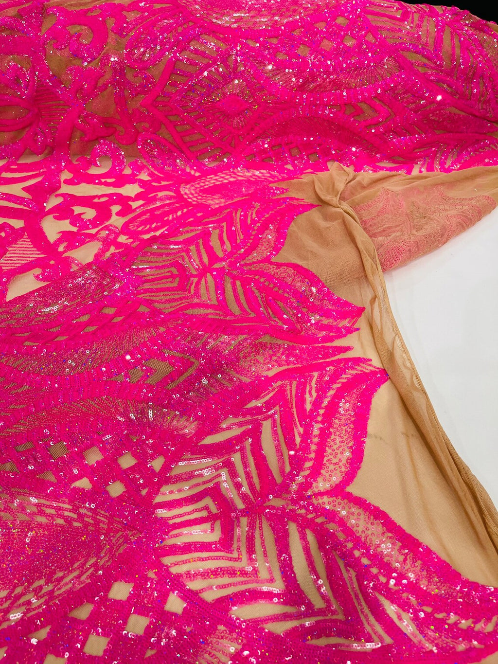 Hot Pink on Nude - 4 Way Stretch Embroidered Royalty Sequins Design Fabric By Yard