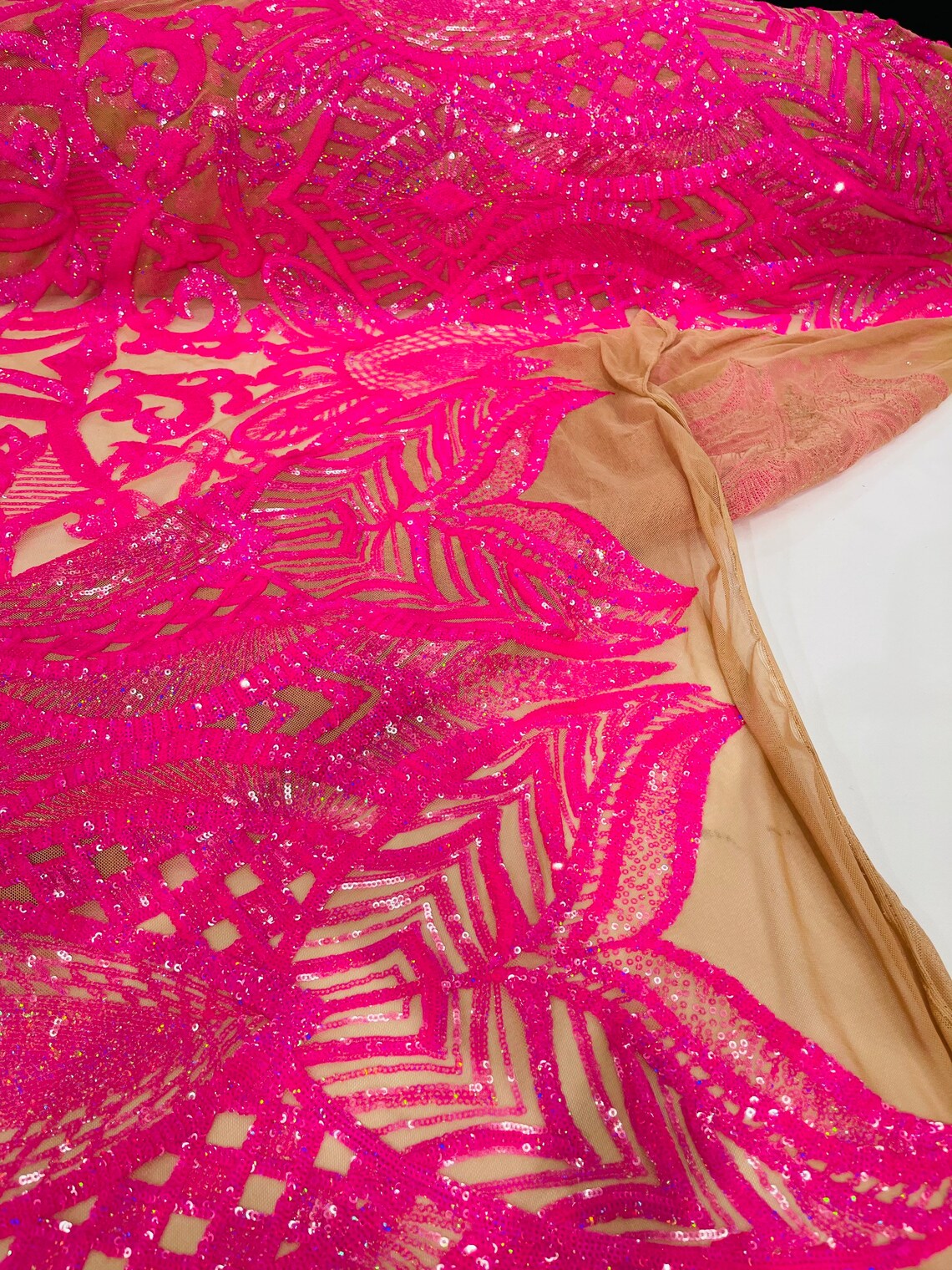Hot Pink on Nude - 4 Way Stretch Embroidered Royalty Sequins Design Fabric By Yard