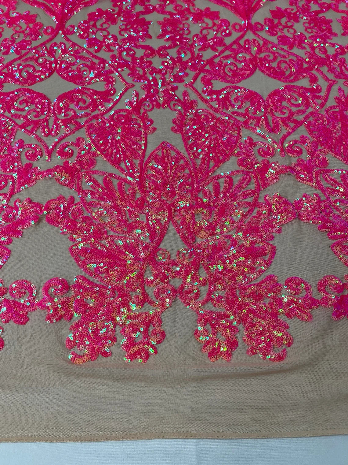 Damask Heart Design - Hot Pink on Nude - Damask with Heart Design Sequins on Mesh By Yard