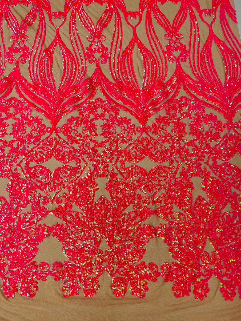 Damask Heart Design - Hot Pink on Nude - Damask with Heart Design Sequins on Mesh By Yard
