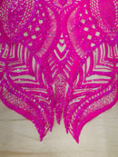 Hot Pink on Nude - 4 Way Stretch Embroidered Royalty Sequins Design Fabric By Yard