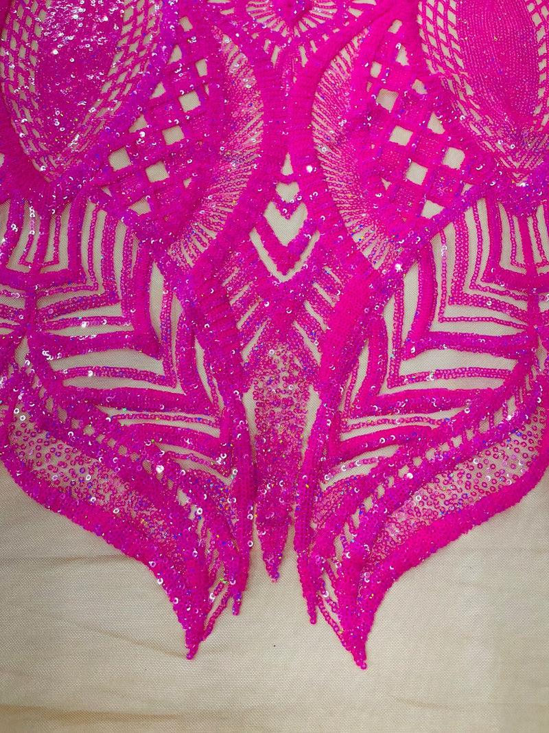 Hot Pink on Nude - 4 Way Stretch Embroidered Royalty Sequins Design Fabric By Yard
