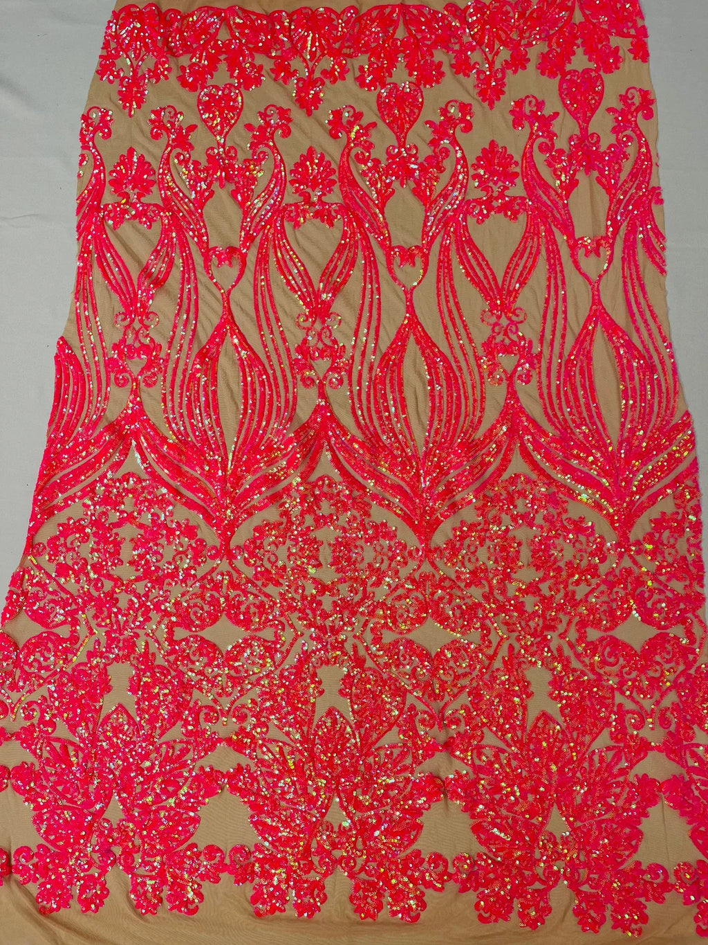 Damask Heart Design - Hot Pink on Nude - Damask with Heart Design Sequins on Mesh By Yard