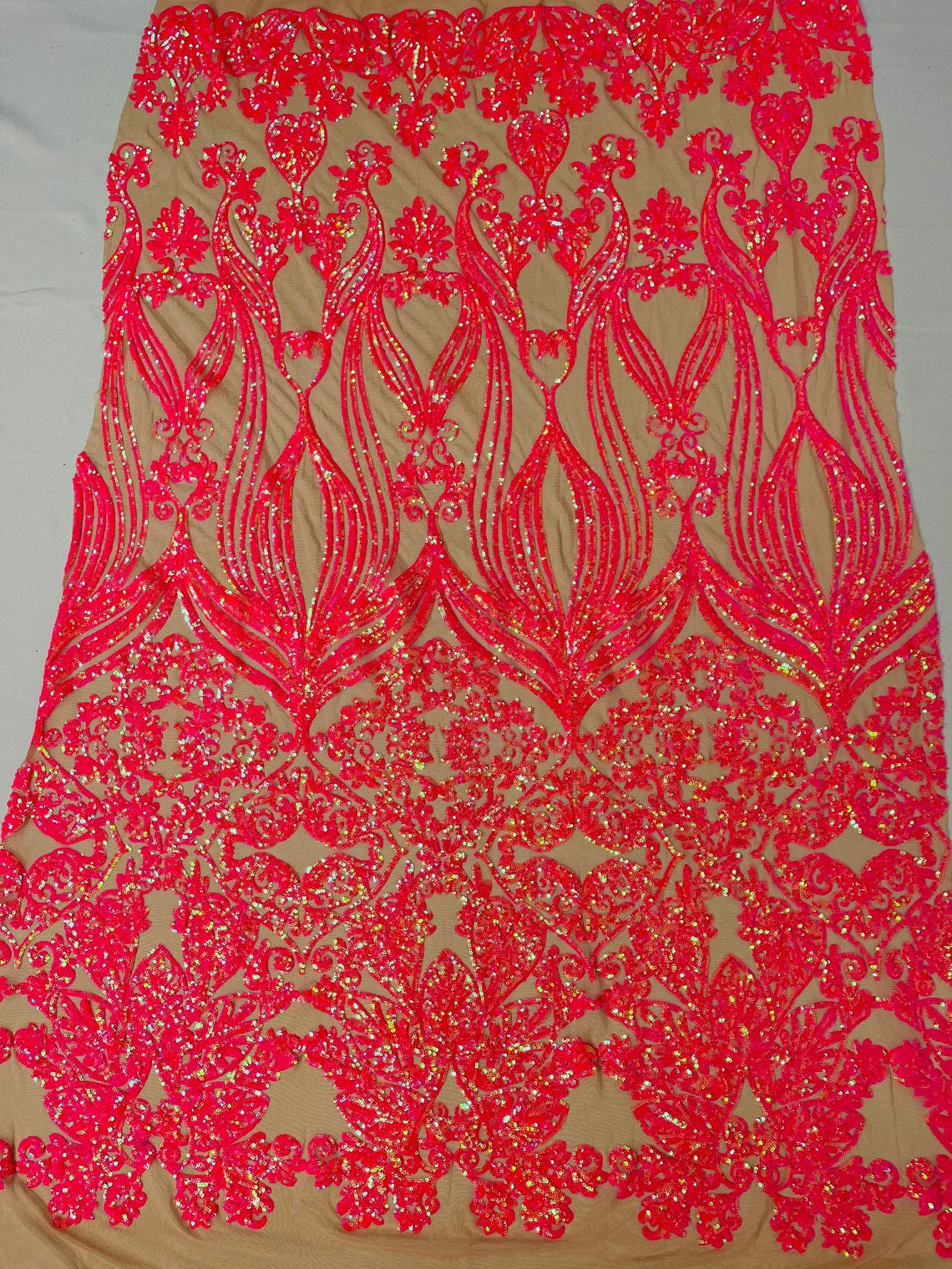Damask Heart Design - Hot Pink on Nude - Damask with Heart Design Sequins on Mesh By Yard