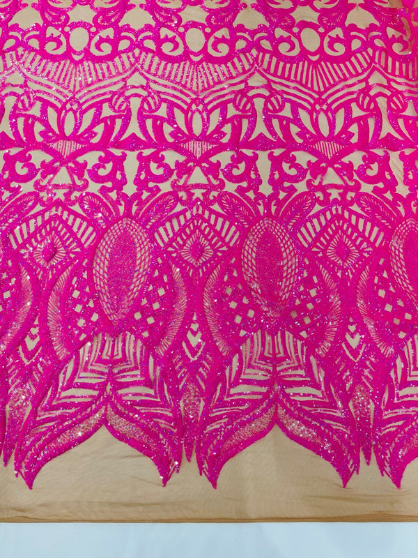 Hot Pink on Nude - 4 Way Stretch Embroidered Royalty Sequins Design Fabric By Yard