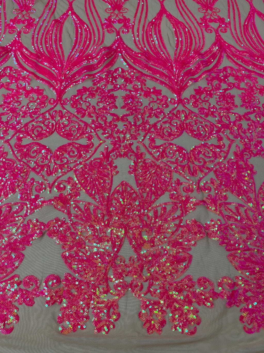 Damask Heart Design - Hot Pink on Nude - Damask with Heart Design Sequins on Mesh By Yard