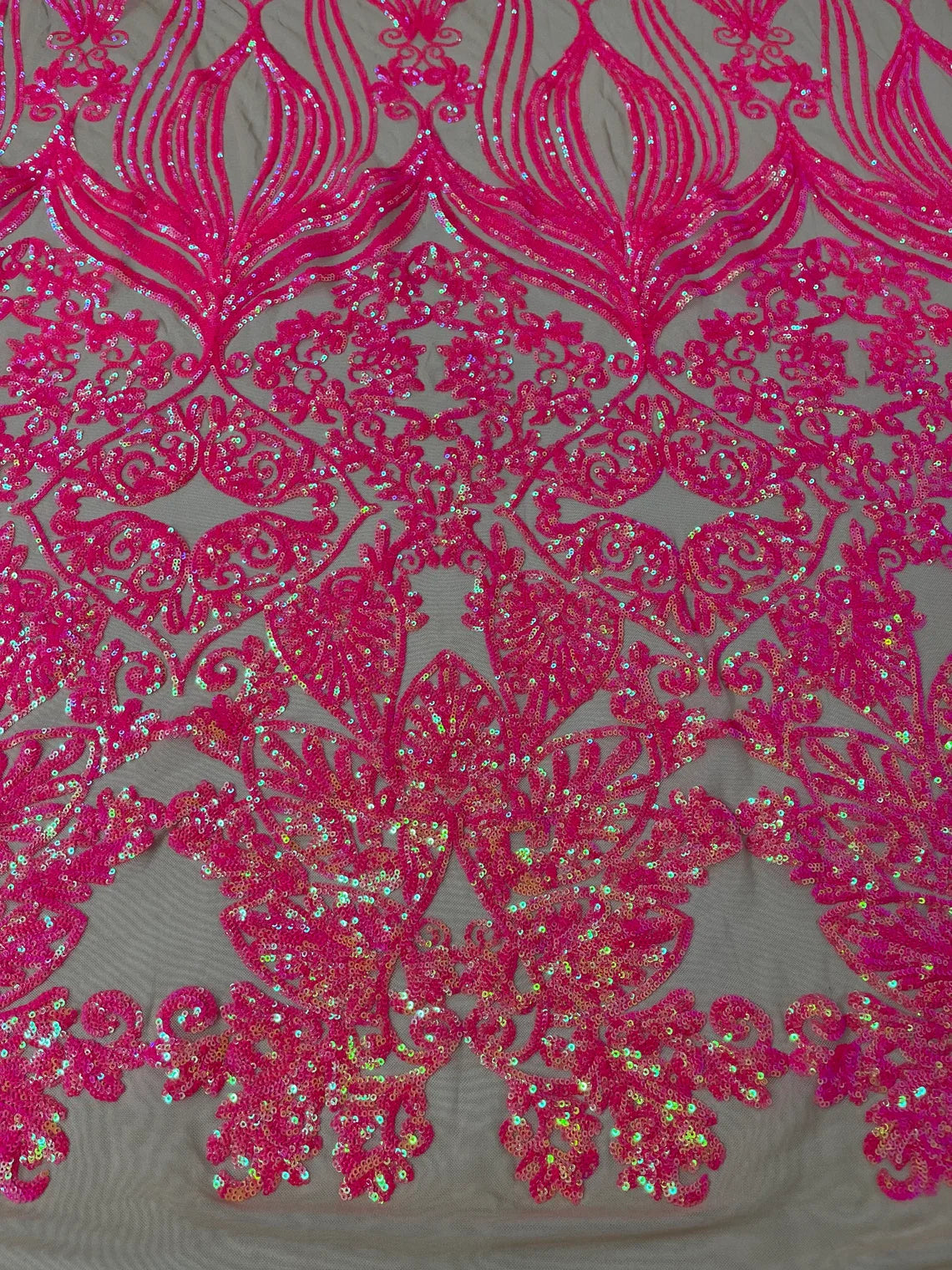 Damask Heart Design - Hot Pink on Nude - Damask with Heart Design Sequins on Mesh By Yard