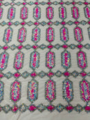 Fancy Gem Jewel Fabric - Hot Pink on Pink - Geometric Stretch Sequins Design on Mesh By Yard