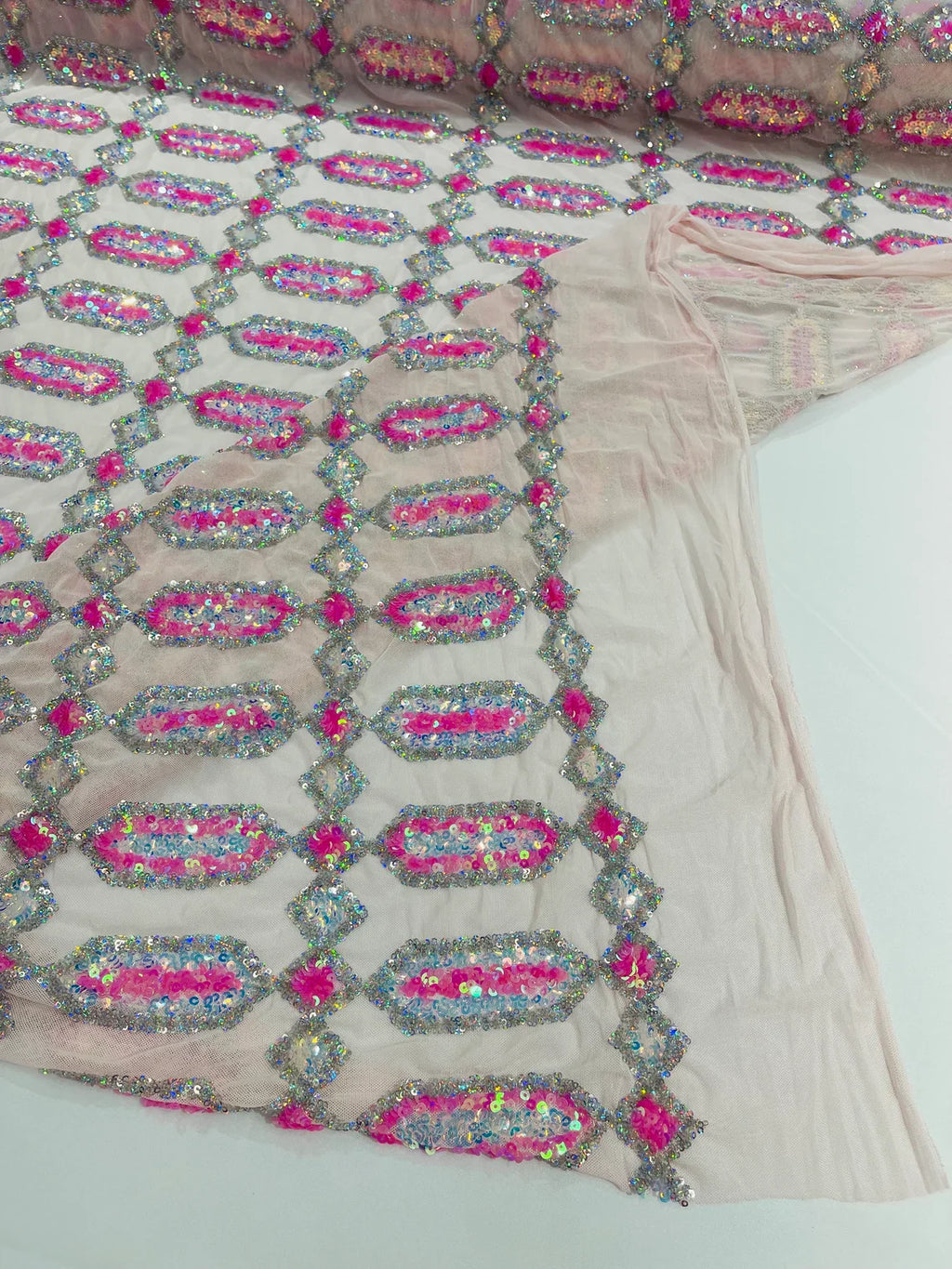 Fancy Gem Jewel Fabric - Hot Pink on Pink - Geometric Stretch Sequins Design on Mesh By Yard