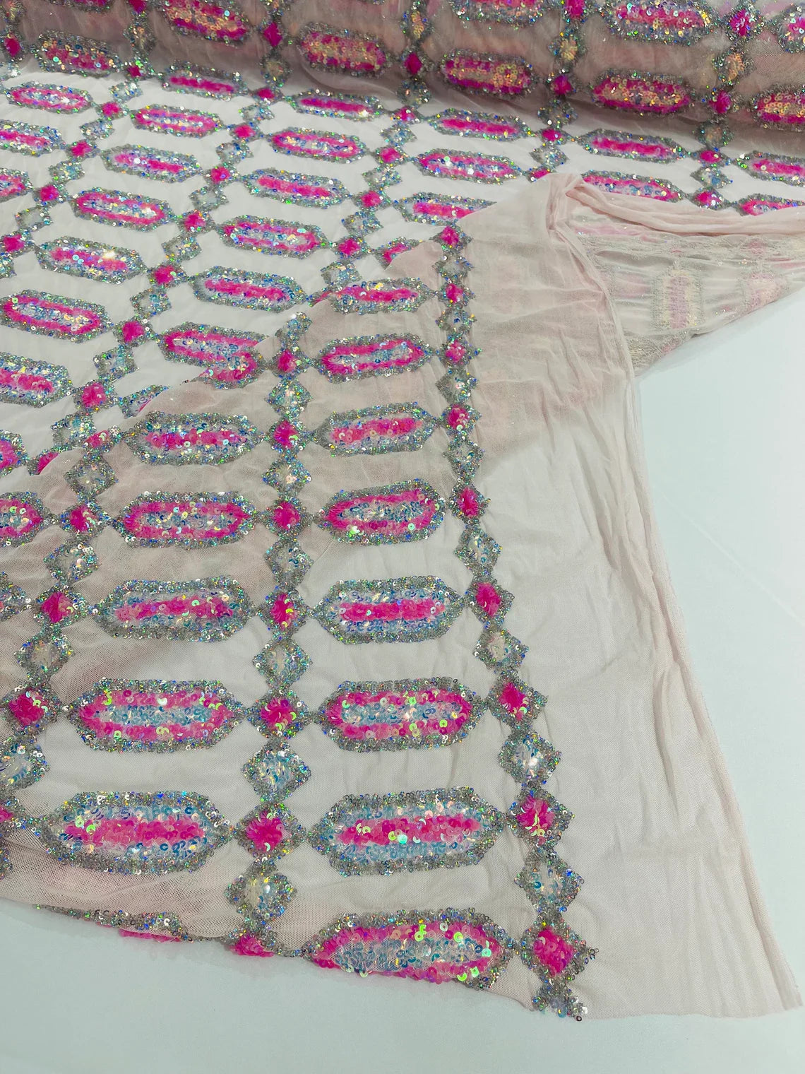 Fancy Gem Jewel Fabric - Hot Pink on Pink - Geometric Stretch Sequins Design on Mesh By Yard