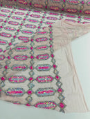 Fancy Gem Jewel Fabric - Hot Pink on Pink - Geometric Stretch Sequins Design on Mesh By Yard