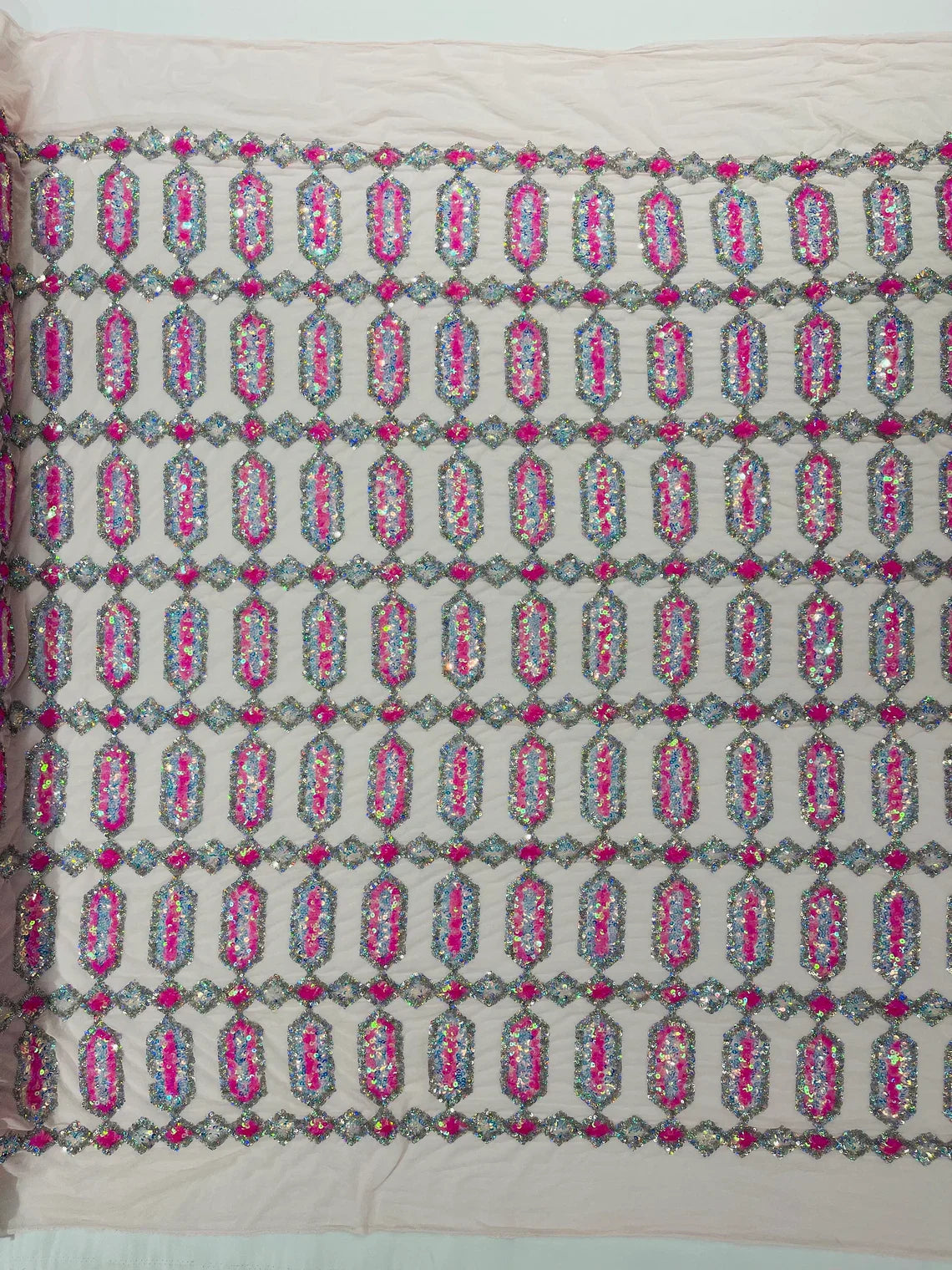 Fancy Gem Jewel Fabric - Hot Pink on Pink - Geometric Stretch Sequins Design on Mesh By Yard
