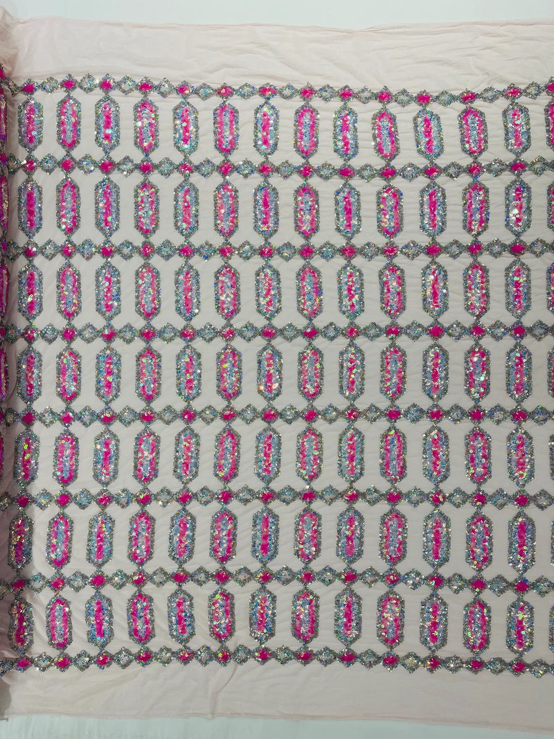 Fancy Gem Jewel Fabric - Hot Pink on Pink - Geometric Stretch Sequins Design on Mesh By Yard