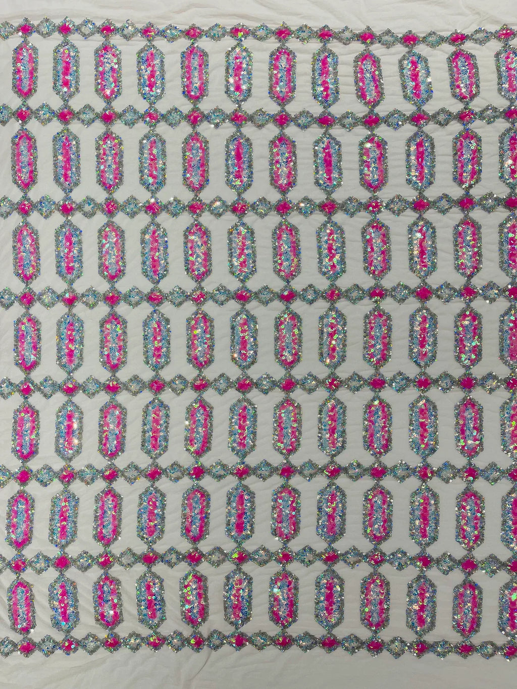 Fancy Gem Jewel Fabric - Hot Pink on Pink - Geometric Stretch Sequins Design on Mesh By Yard
