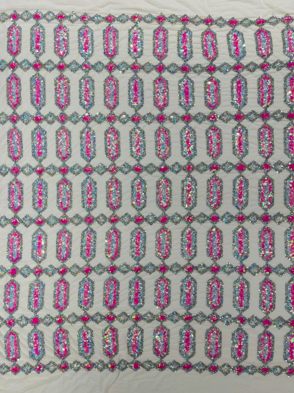 Fancy Gem Jewel Fabric - Hot Pink on Pink - Geometric Stretch Sequins Design on Mesh By Yard