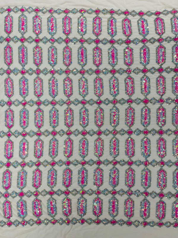 Fancy Gem Jewel Fabric - Hot Pink on Pink - Geometric Stretch Sequins Design on Mesh By Yard