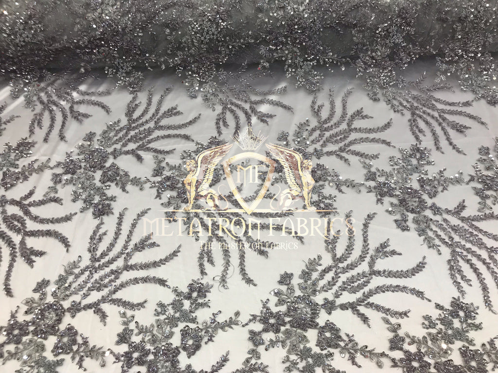 Beaded - Silver - Fancy Flower Design Sequins Fabric with Beads Sold By The Yard