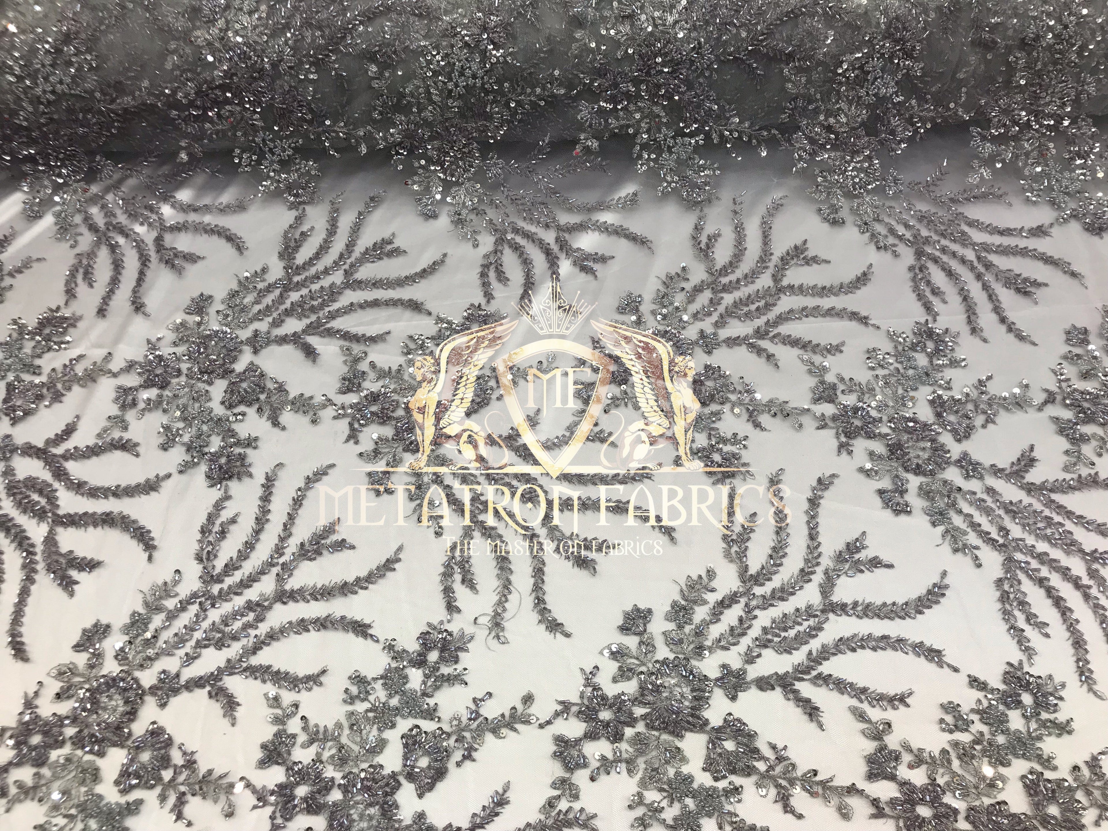 Beaded - Silver - Fancy Flower Design Sequins Fabric with Beads Sold By The Yard